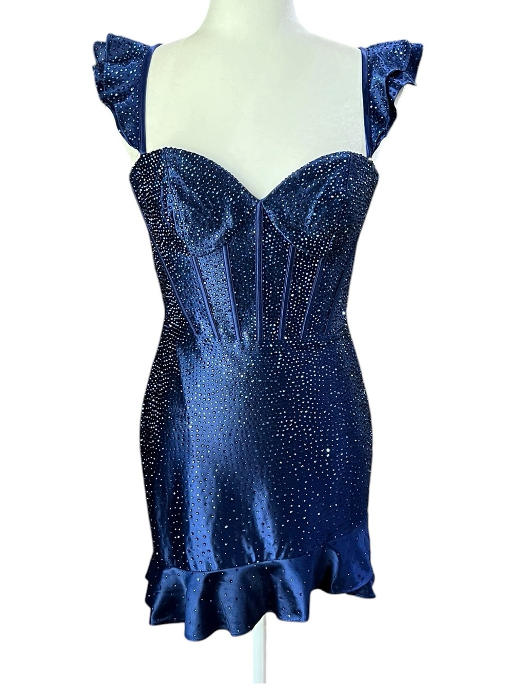 Nouri Formal Dress Small Navy Blue Rhinestone Corset Bodycon Mini Lace-Up Back